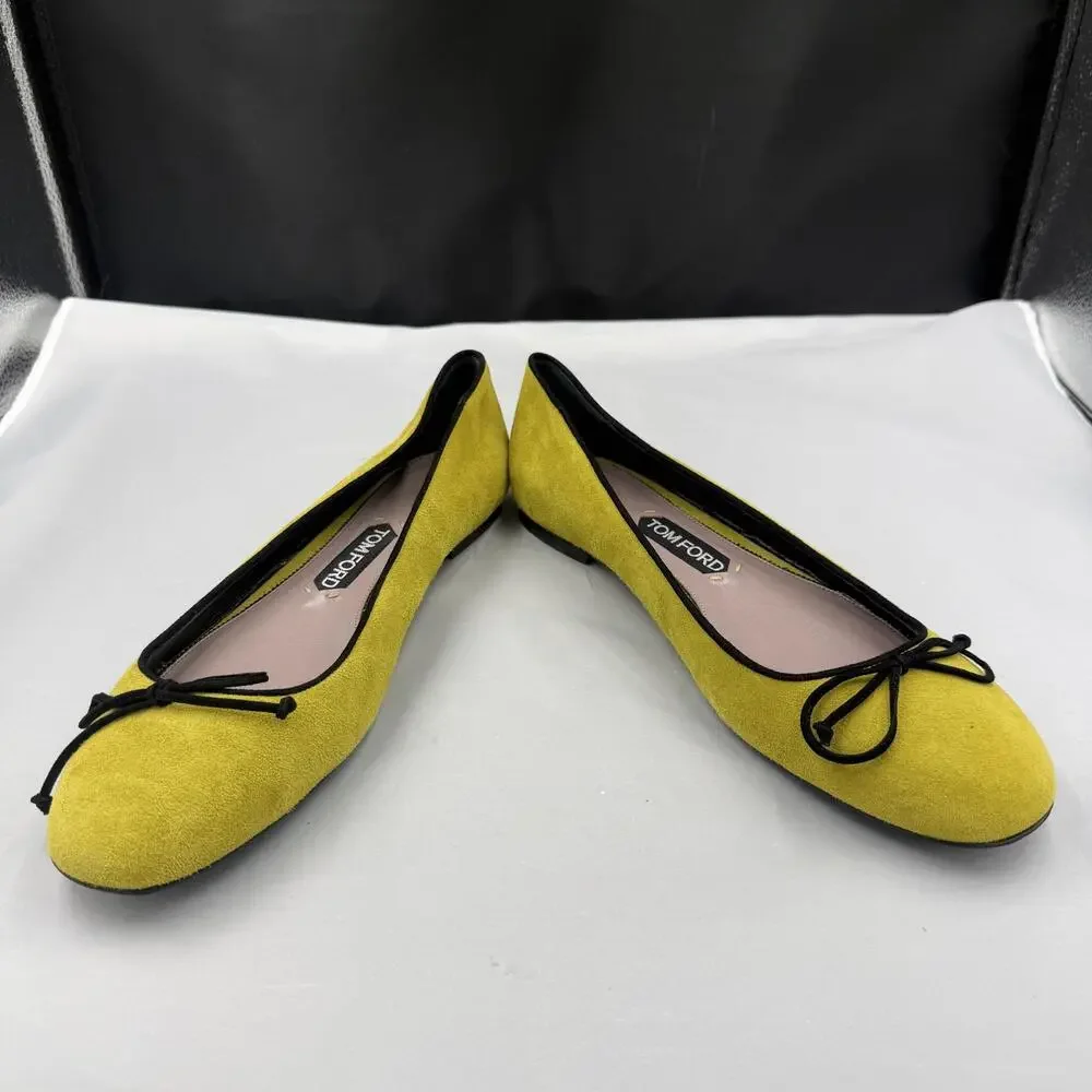 Tom Ford Ballet Flats Womens 12 Yellow Suede Bow Slip On Made Italy W0437T EU 42
